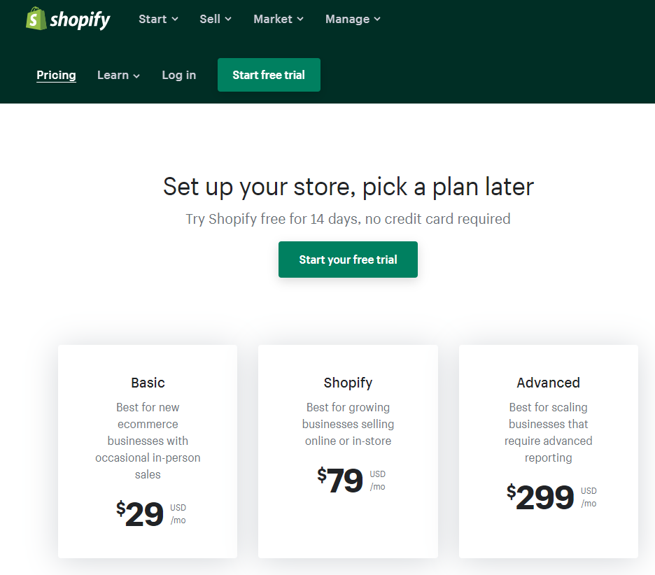 Shopify Plans Pricing