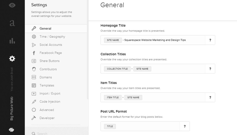 squarespace general setting