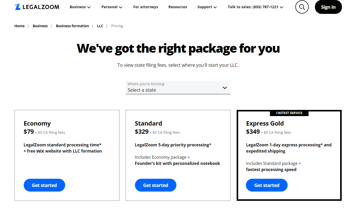 LegalZoom LLC Pricing Plans